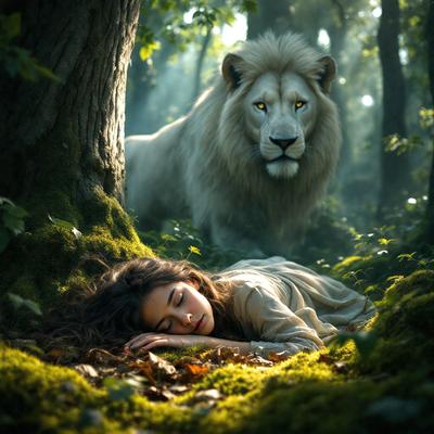 The primary subject of the image is a woman lying on the ground, possibly sleeping. The setting is a forest with trees and grass surrounding her. The visual style is a digital art or illustration, creating a surreal and dreamy atmosphere. The colors are predominantly green, with the woman's clothing and the surrounding environment, giving the image a serene and peaceful mood.